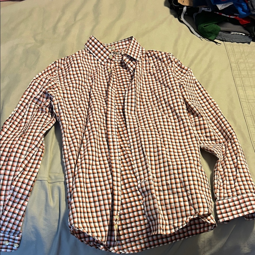 Express Fitted Men's Checkered Shirt - Orange, Black and White